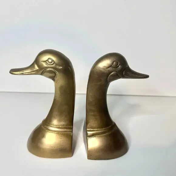 Brass Bookends Mallard Duck Head Set 6" Mid Century Brass Decor Doorstop Gift - Picture 3 of 7